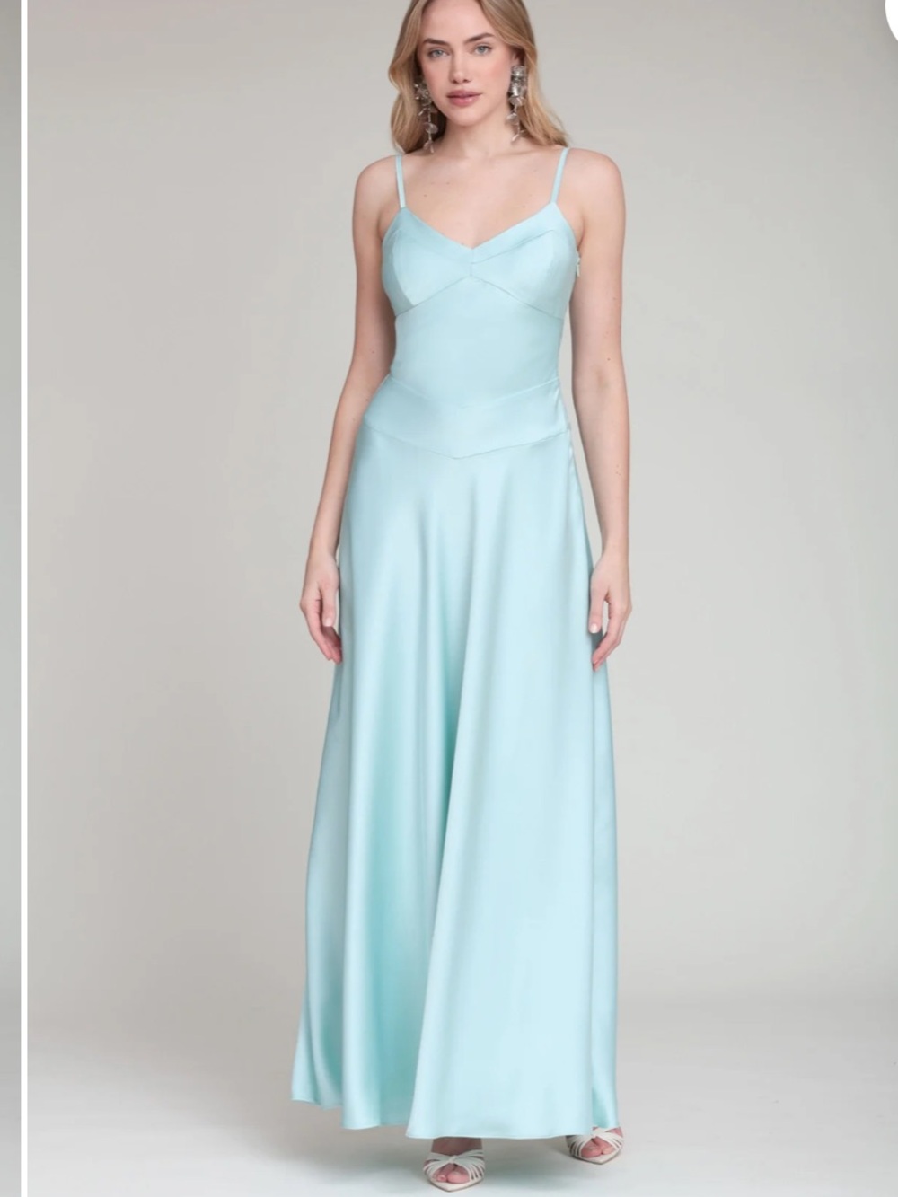 Avec Les Filles Bias Cut Satin Lace Up Light Blue Spaghetti Strap Maxi Dress